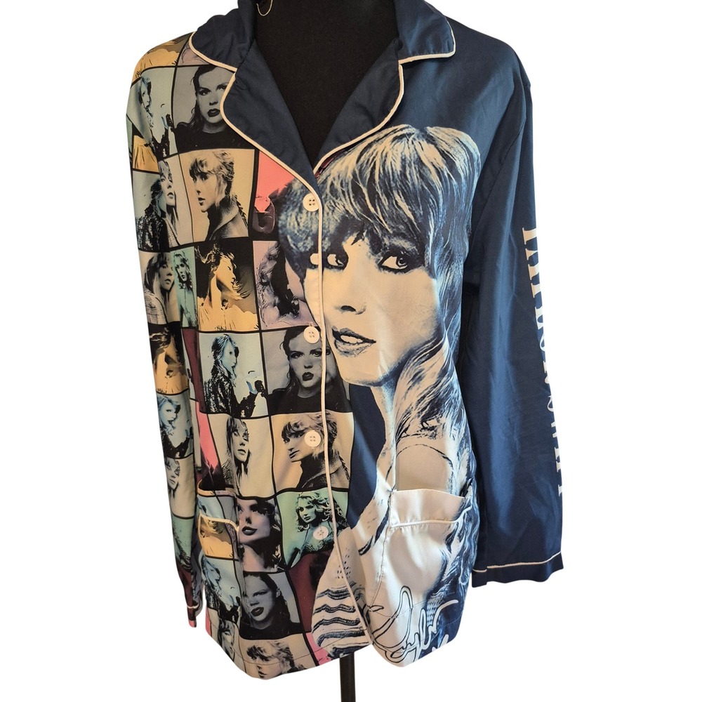 Taylor Swift Era Tour Pajama Set Womens Large Blue Button Front Silky Lounge Set